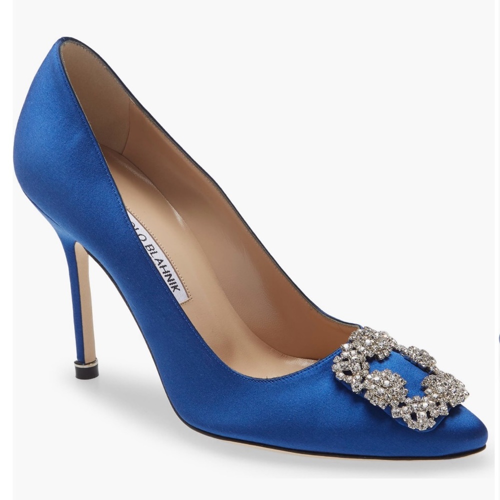 Manolo Blahnik Hangisi 39 - Blue Satin Jewel Buckle Pumps